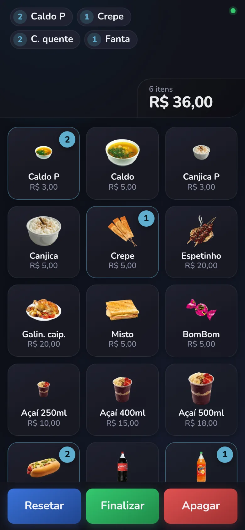 Tela de pedidos: cardápio com fotos e preços, o pedido em andamento no topo e o total de R$ 36,00