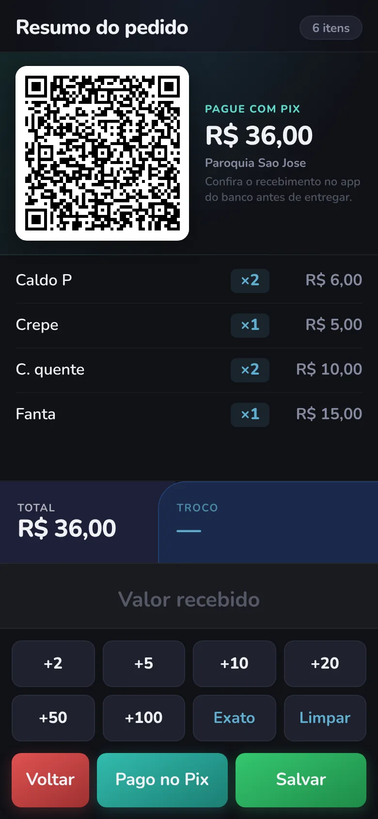 Tela de finalizar com o QR do Pix de R$ 36,00 gerado automaticamente