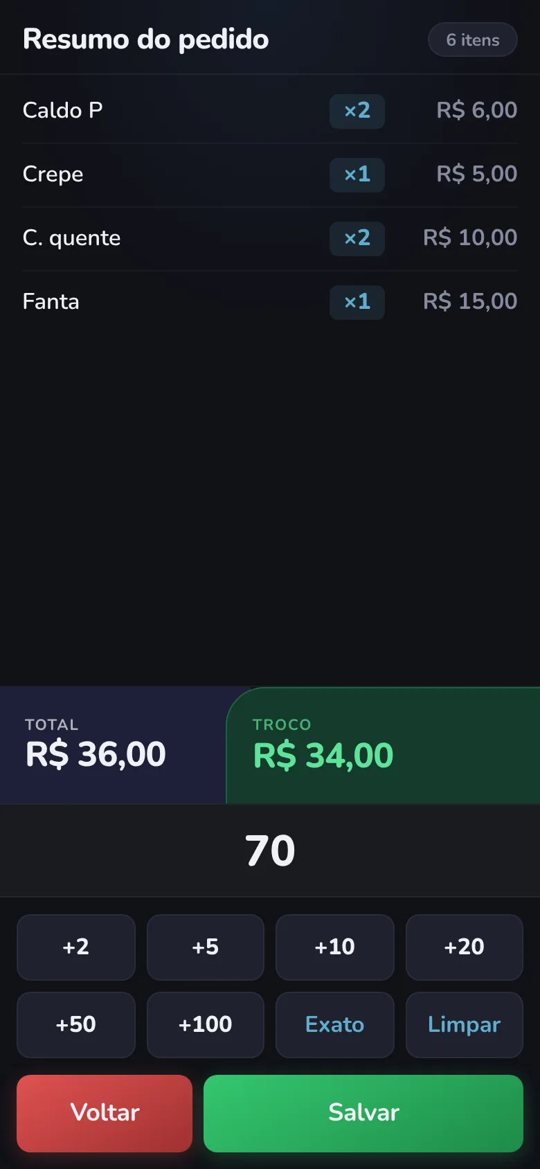 Tela de finalizar: total de R$ 36,00, recebido R$ 70 e troco de R$ 34,00 em destaque